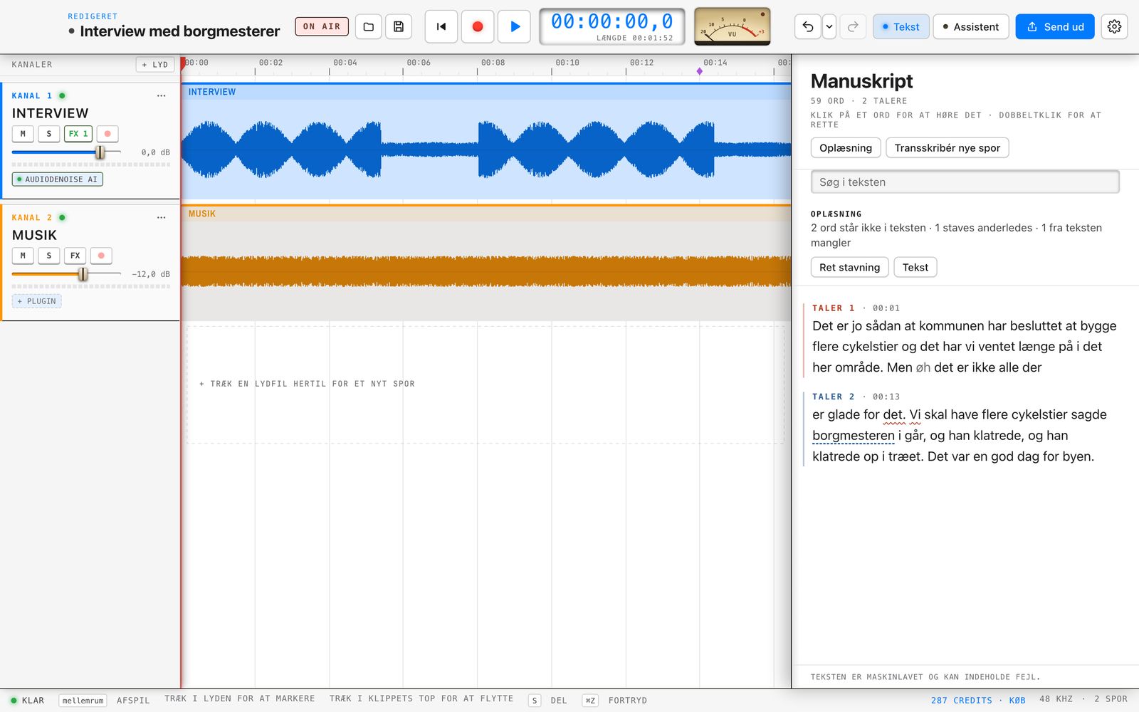SayToEdit Audio with two tracks on the timeline and the assistant beside them