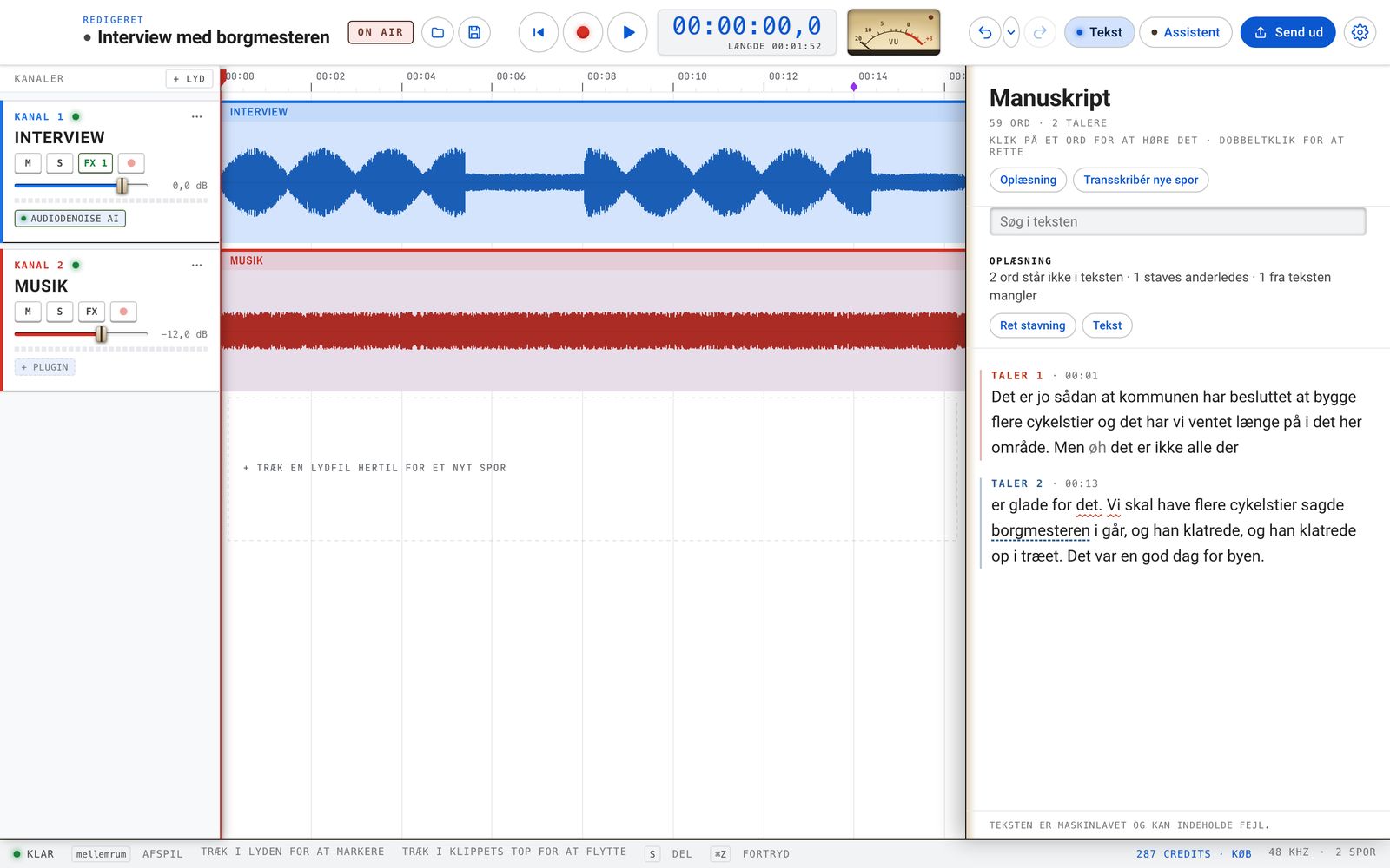 SayToEdit Audio with two tracks on the timeline and the assistant beside them