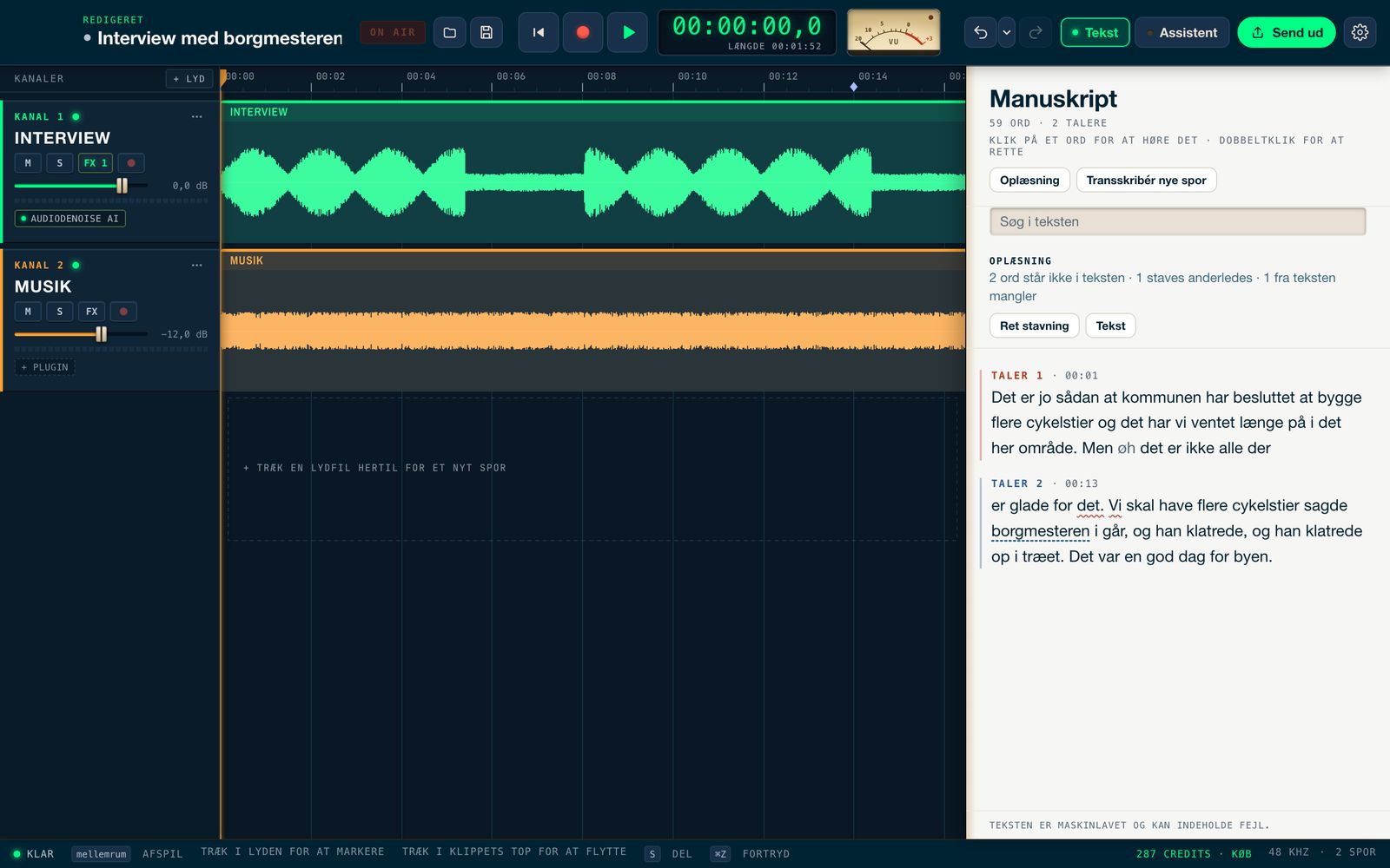 SayToEdit Audio with two tracks on the timeline and the assistant beside them