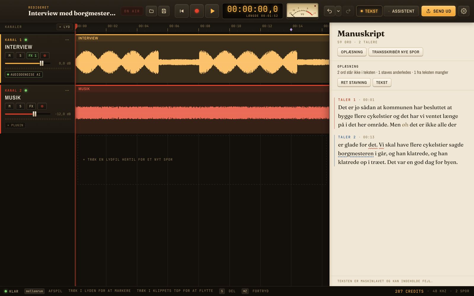 SayToEdit Audio med to spor på tidslinjen og assistenten ved siden af