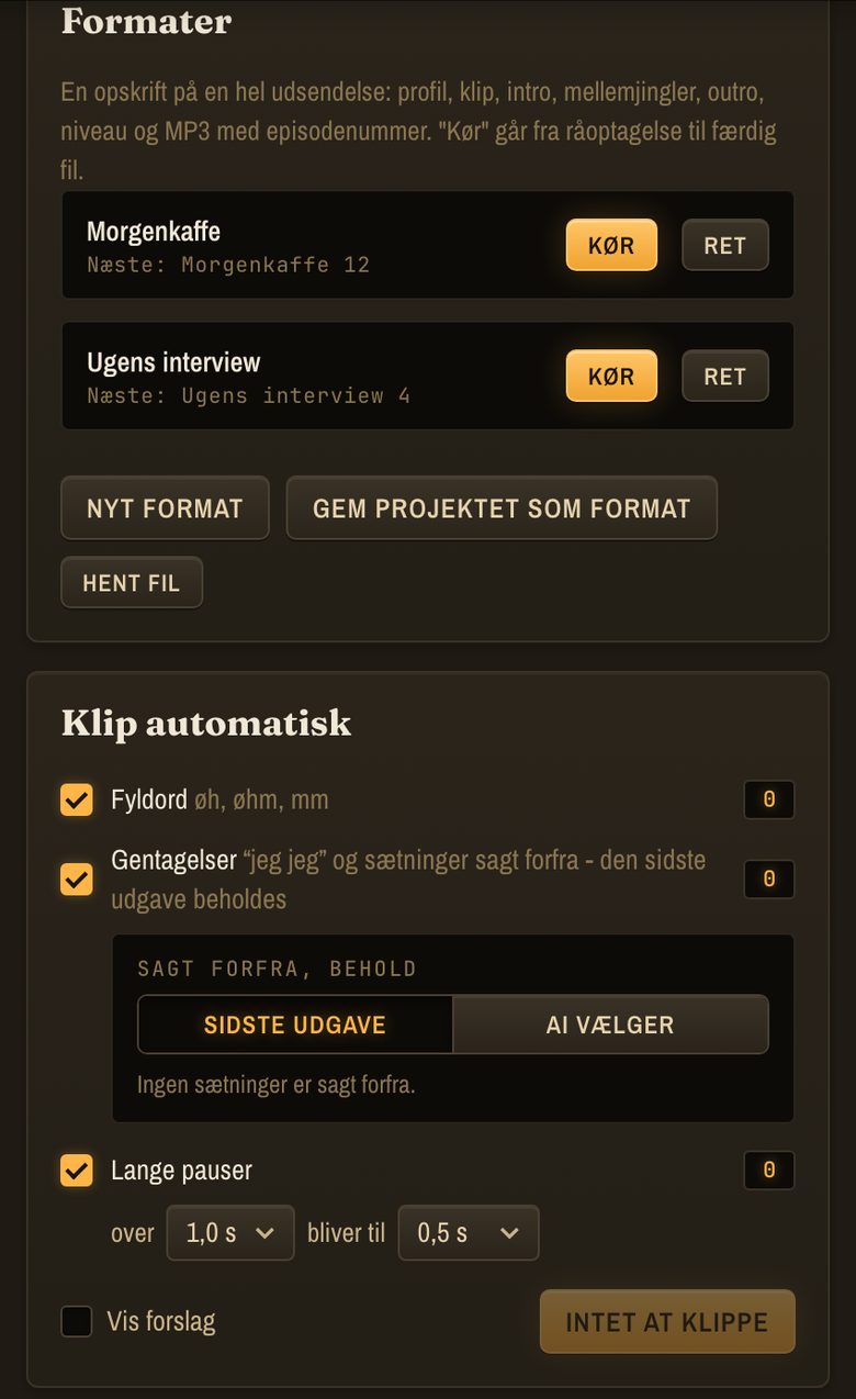 Formater i assistenten: Morgenkaffe og Ugens interview med Kør og Ret