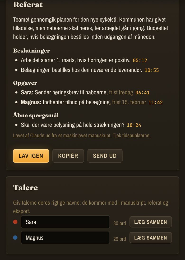 Et referat med beslutninger, opgaver og åbne spørgsmål, og talerne Sara og Magnus